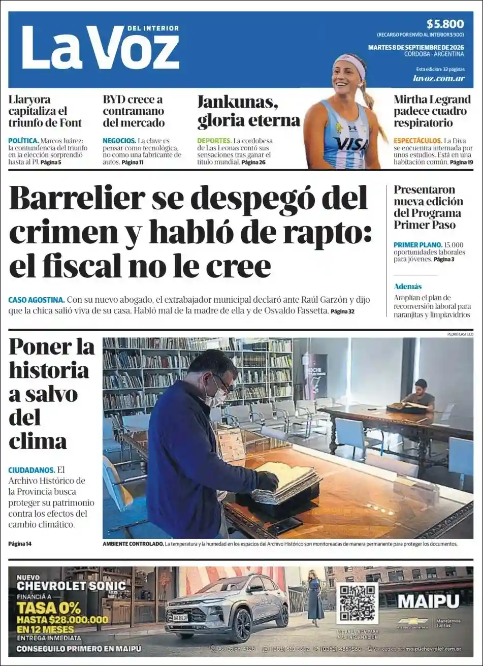 Tapa del diario La Voz